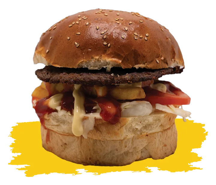 Beef burger from 961 — coleslaw, pickles, tomato, ketchup and fries inside
